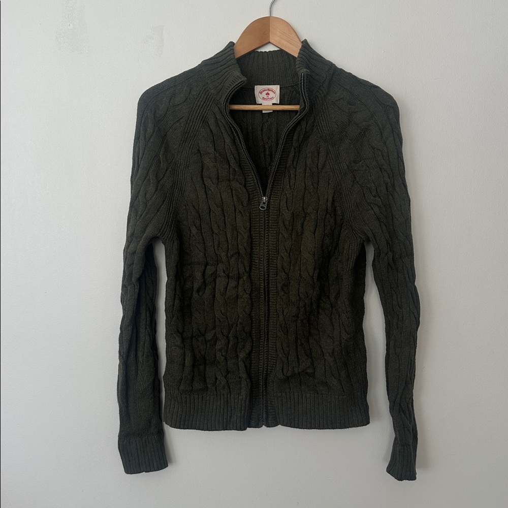 Brooks Brothers Red Fleece Cable-Knit Zip Cardigan | Olive Green | Size M